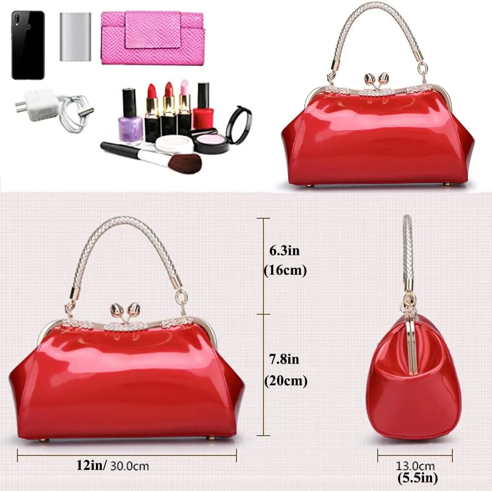 ZiMing Glossy Patent Leather Handbags Women Kiss Lock Purse Top Handle Handbag Evening Bag Satchel Shoulder Crossbody Bag