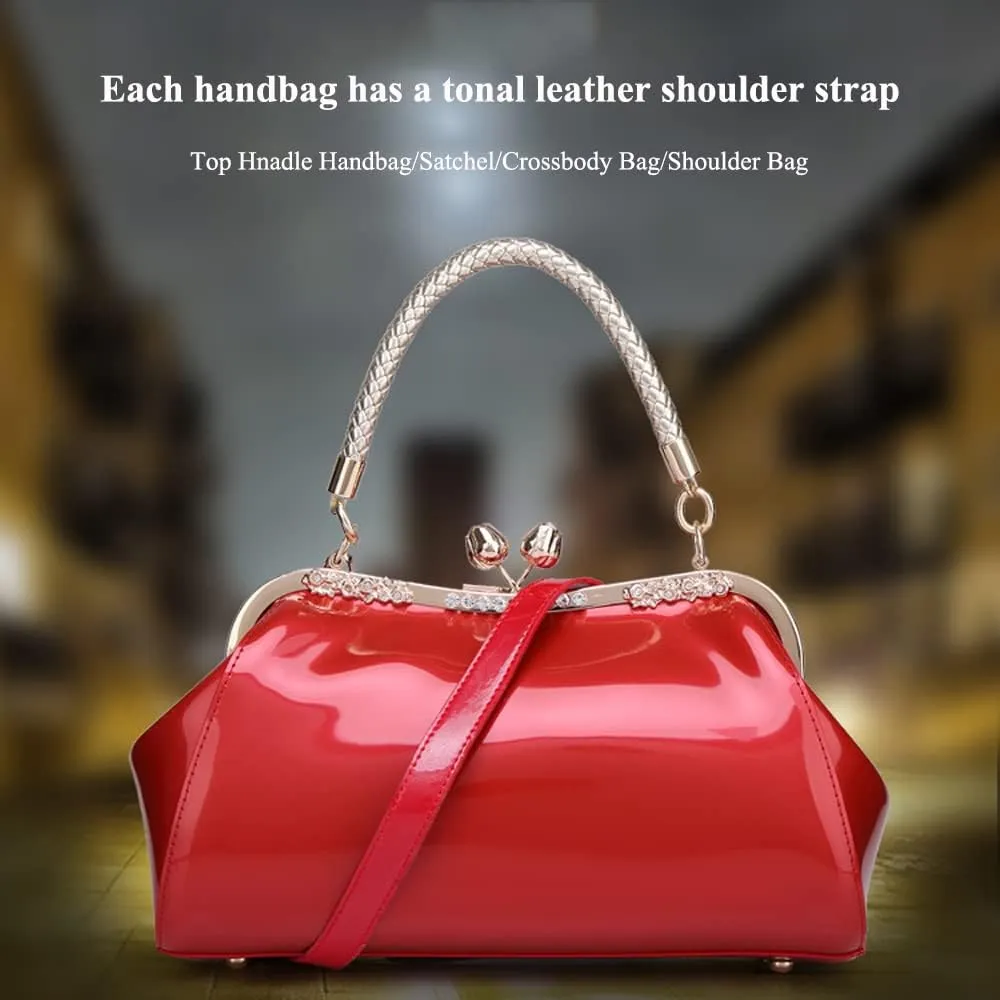 ZiMing Glossy Patent Leather Handbags Women Kiss Lock Purse Top Handle Handbag Evening Bag Satchel Shoulder Crossbody Bag