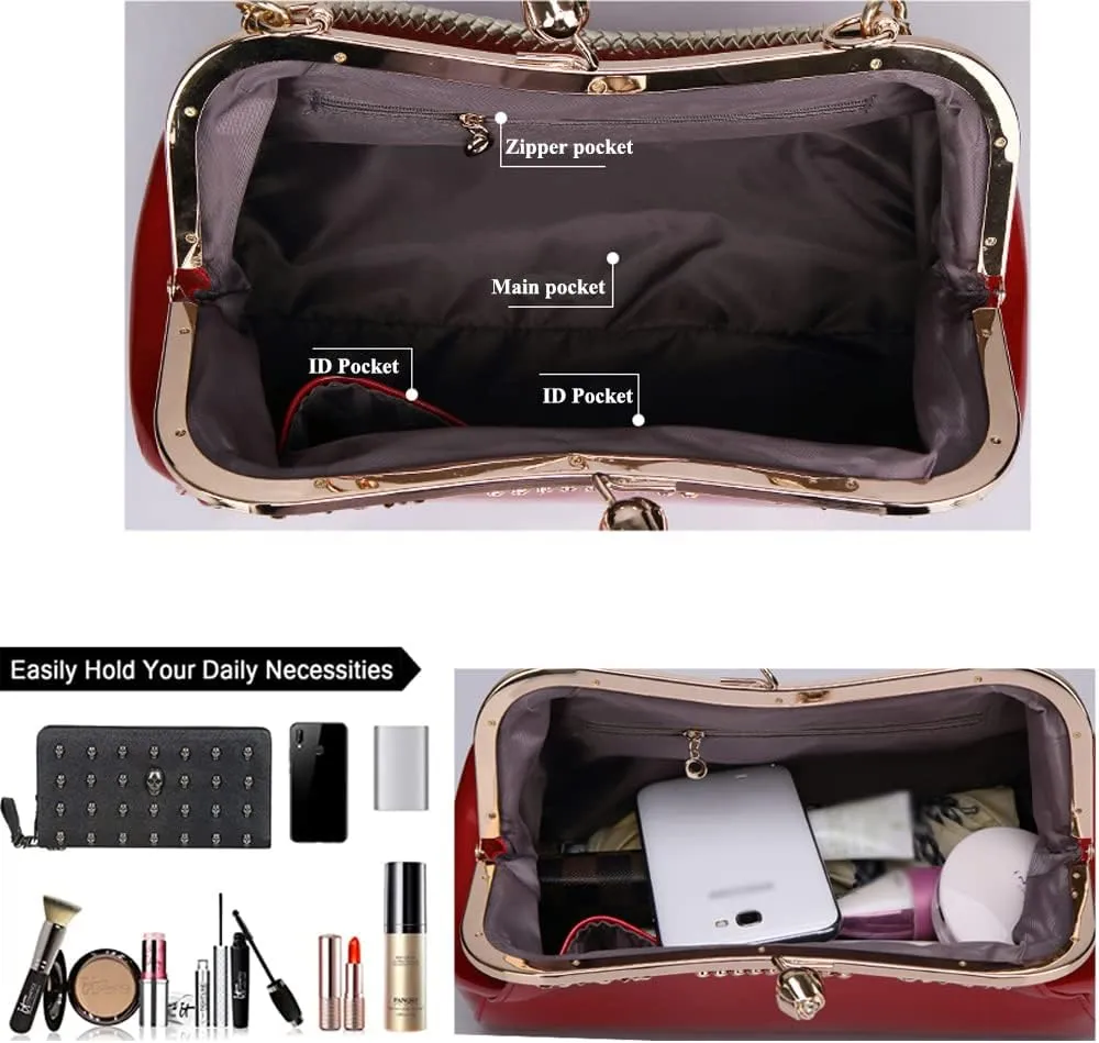 ZiMing Glossy Patent Leather Handbags Women Kiss Lock Purse Top Handle Handbag Evening Bag Satchel Shoulder Crossbody Bag