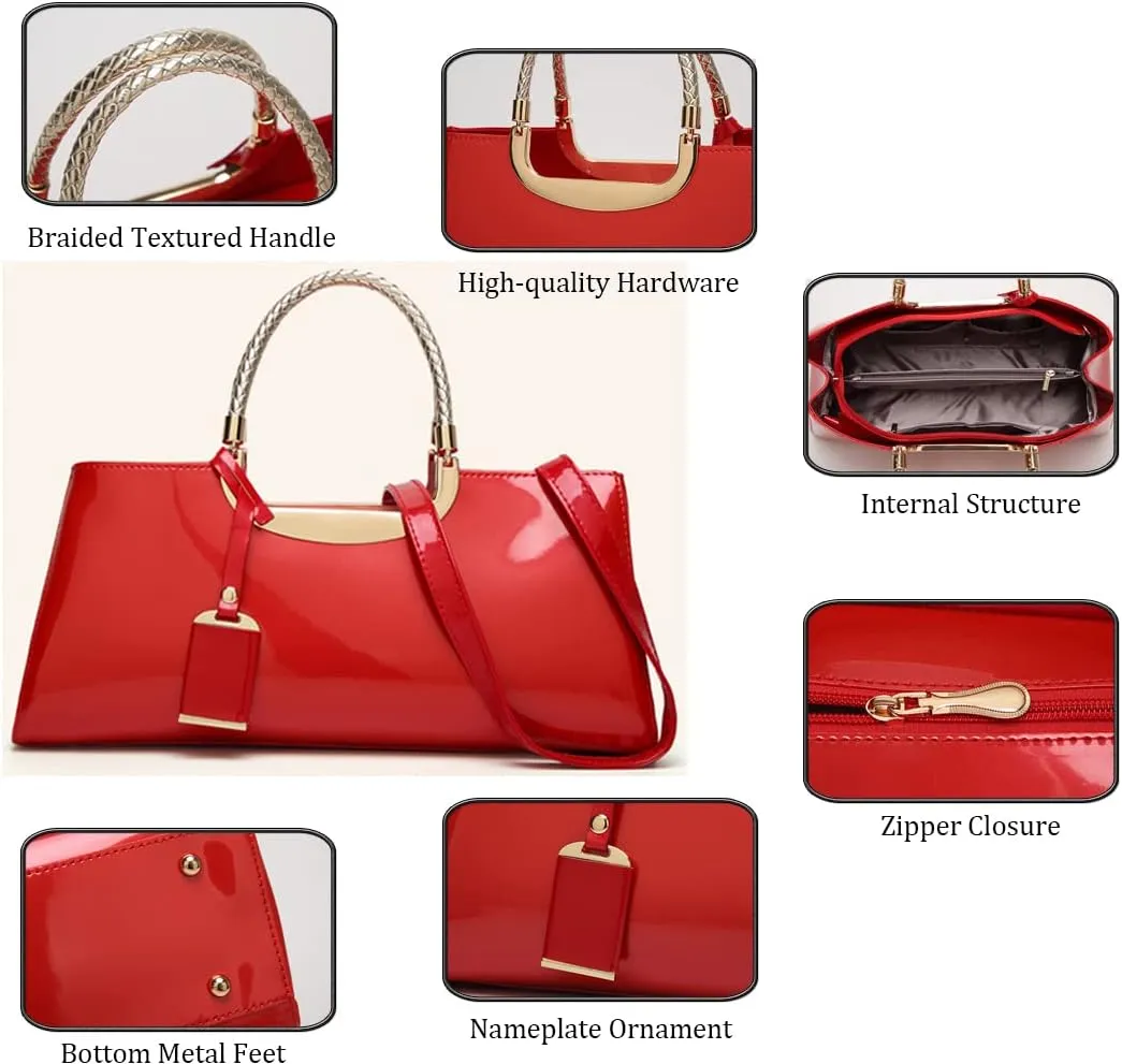 ZiMing Patent Leather Handbag for Women Top Handle Evening Bags Satchel Ladies Shoulder Bag Long Purse Wedding Party Prom