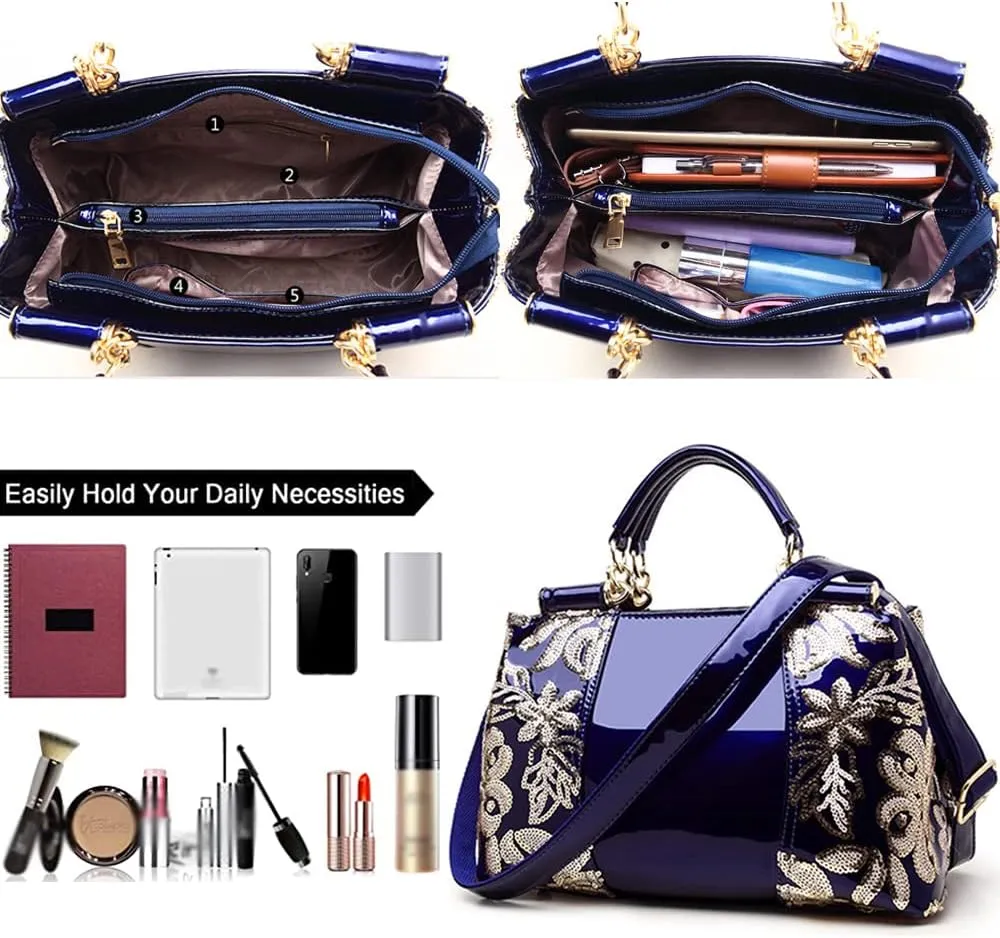 ZiMing Patent Leather Handbag for Women Tote Bags Sequin Embroidery Satchel Bag Top Handle Bag Gorgeous Shoulder Bag Purse