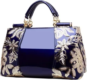 ZiMing Patent Leather Handbag for Women Tote Bags Sequin Embroidery Satchel Bag Top Handle Bag Gorgeous Shoulder Bag Purse