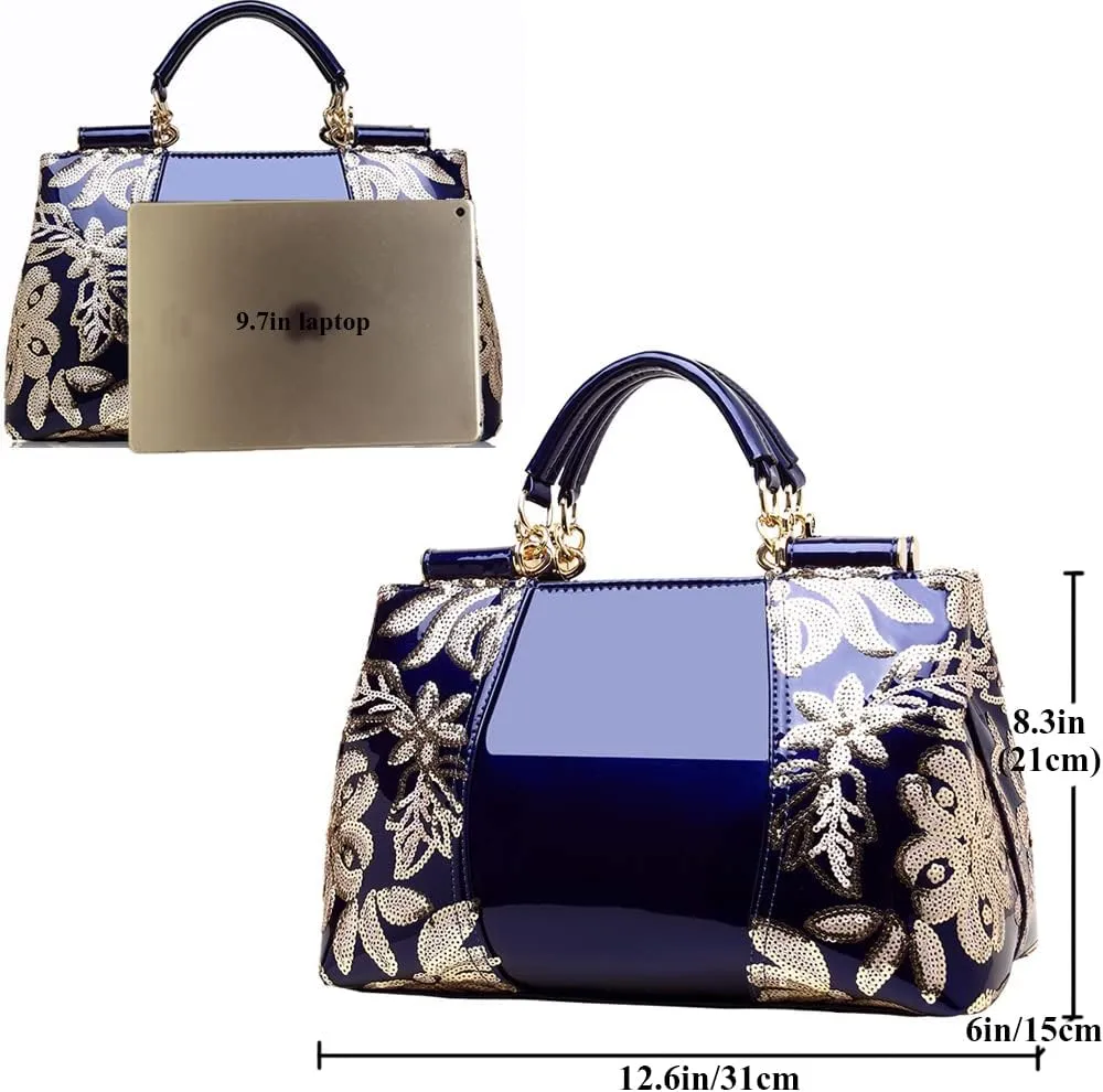 ZiMing Patent Leather Handbag for Women Tote Bags Sequin Embroidery Satchel Bag Top Handle Bag Gorgeous Shoulder Bag Purse