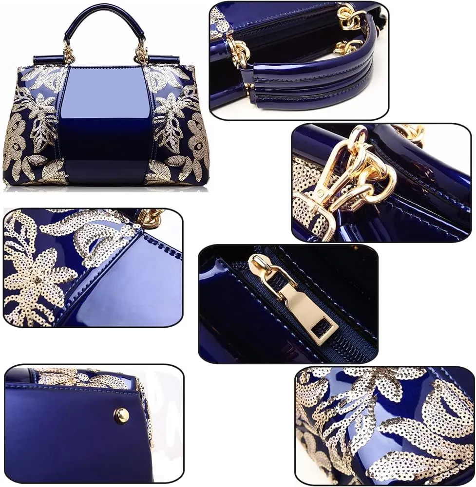 ZiMing Patent Leather Handbag for Women Tote Bags Sequin Embroidery Satchel Bag Top Handle Bag Gorgeous Shoulder Bag Purse