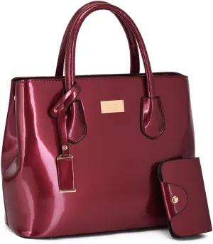 ZiMing Womens Handbags 2Pcs Glossy Patent Leather Tote Bag Top Handle Handbag Satchel Purse Shoulder Crossbody Bag Card Hold