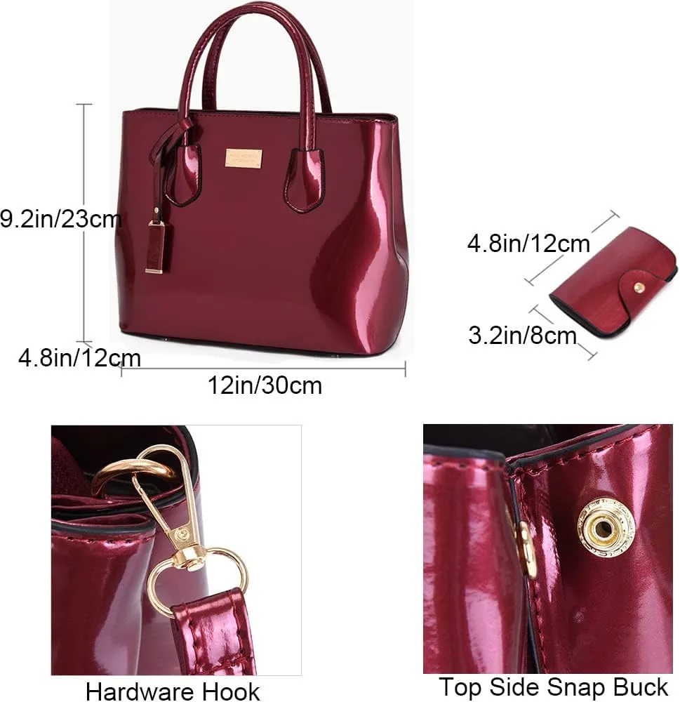 ZiMing Womens Handbags 2Pcs Glossy Patent Leather Tote Bag Top Handle Handbag Satchel Purse Shoulder Crossbody Bag Card Hold