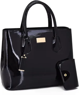ZiMing Womens Handbags 2Pcs Glossy Patent Leather Tote Bag Top Handle Handbag Satchel Purse Shoulder Crossbody Bag Card Hold