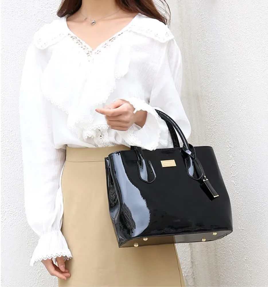 ZiMing Womens Handbags 2Pcs Glossy Patent Leather Tote Bag Top Handle Handbag Satchel Purse Shoulder Crossbody Bag Card Hold