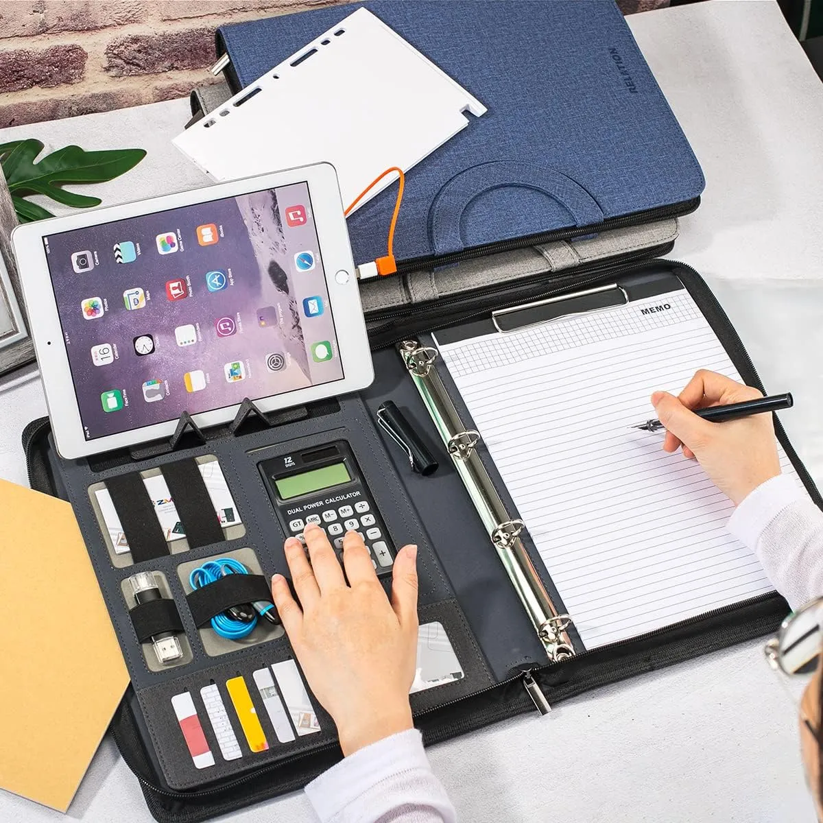 Zippered Padfolio Folder, A4 Multi-Function Portfolio Leather Combination case,with Notebook, Calculator, Business Conference Portfolio Organizer Notepad Folder Bag for Women/Men (Dark Gray)