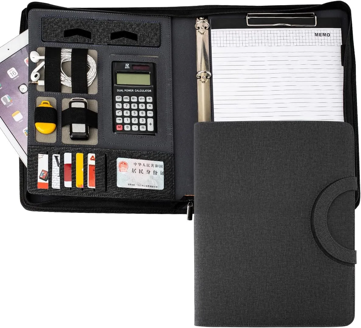 Zippered Padfolio Folder, A4 Multi-Function Portfolio Leather Combination case,with Notebook, Calculator, Business Conference Portfolio Organizer Notepad Folder Bag for Women/Men (Dark Gray)