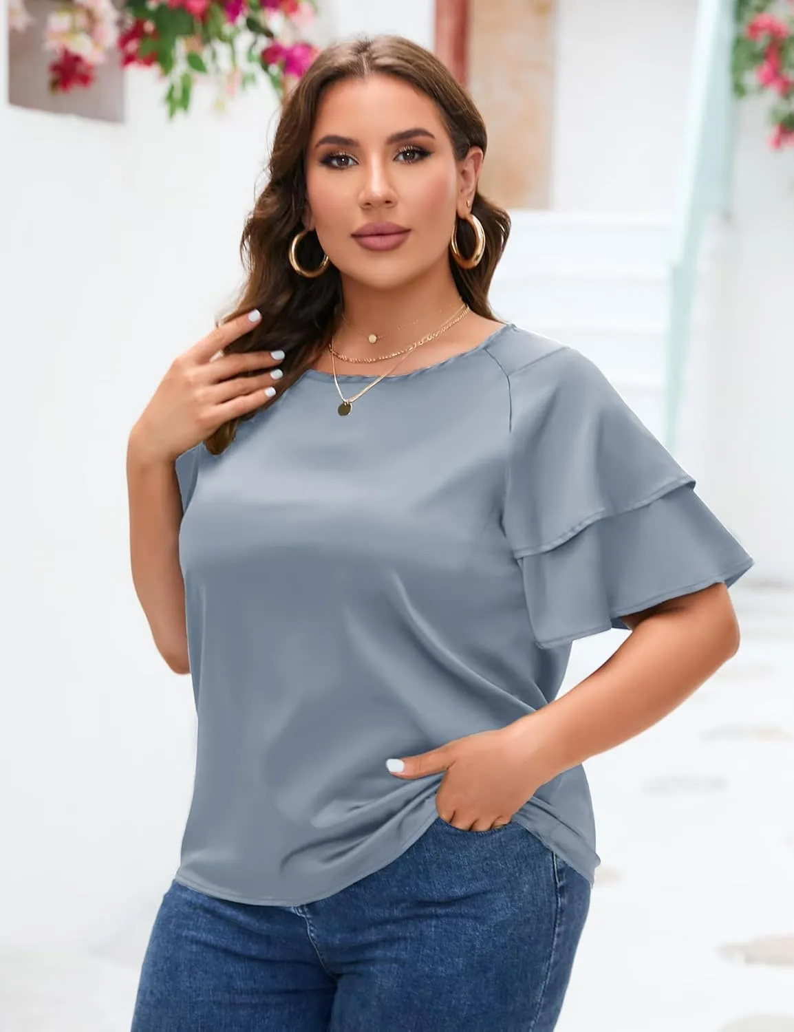 ZOMVA Women's 2024 Plus Size Satin Blouse Short Ruffle Sleeves Silk Top Dressy Shirt Office Elegant