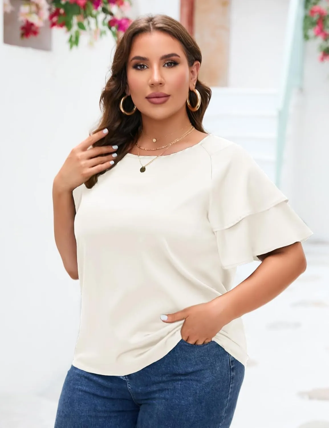 ZOMVA Women's 2024 Plus Size Satin Blouse Short Ruffle Sleeves Silk Top Dressy Shirt Office Elegant