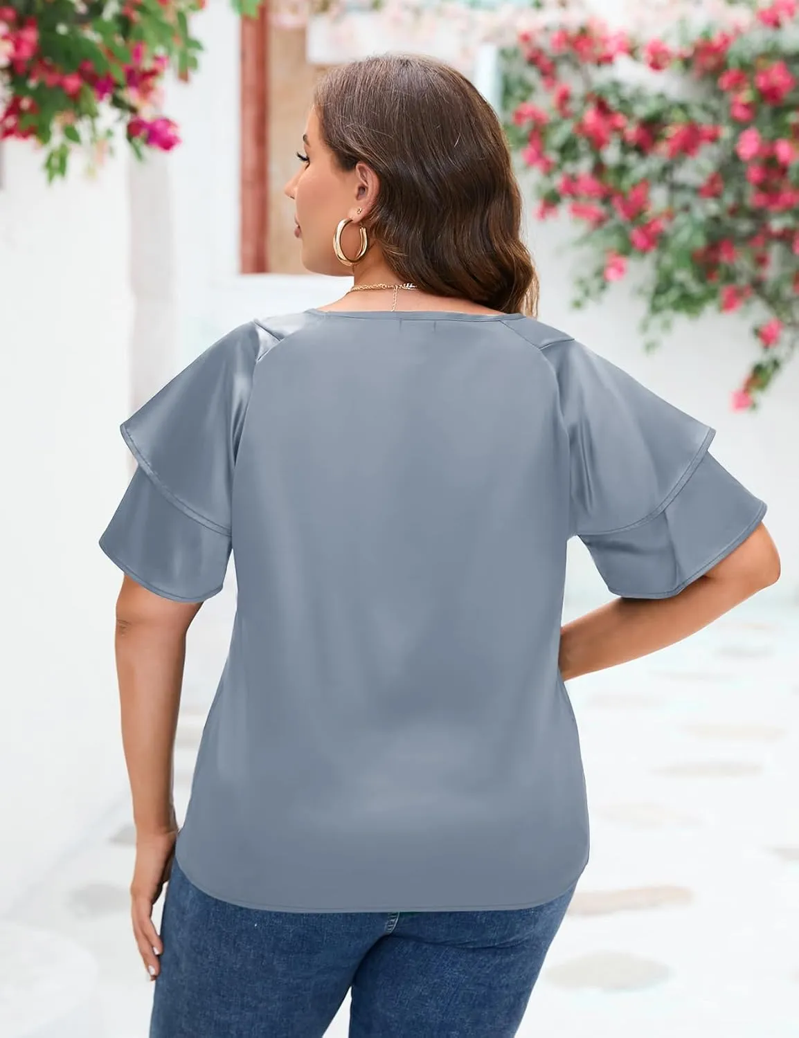 ZOMVA Women's 2024 Plus Size Satin Blouse Short Ruffle Sleeves Silk Top Dressy Shirt Office Elegant