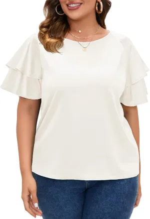 ZOMVA Women's 2024 Plus Size Satin Blouse Short Ruffle Sleeves Silk Top Dressy Shirt Office Elegant