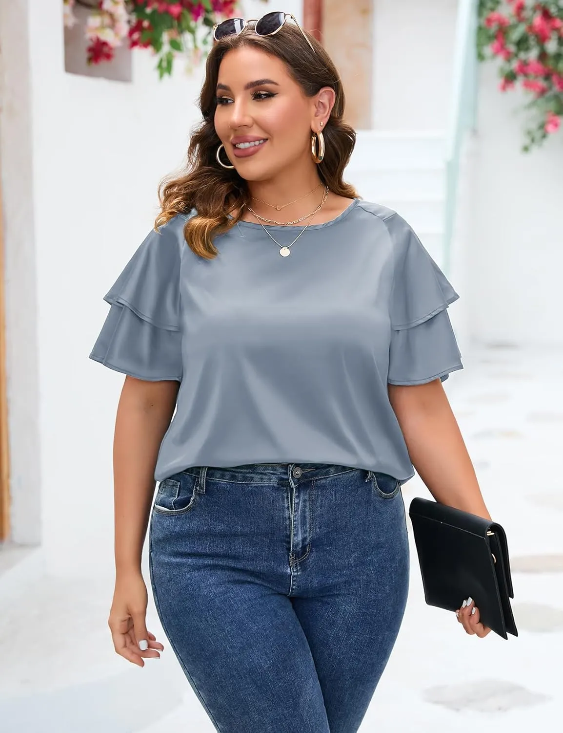 ZOMVA Women's 2024 Plus Size Satin Blouse Short Ruffle Sleeves Silk Top Dressy Shirt Office Elegant