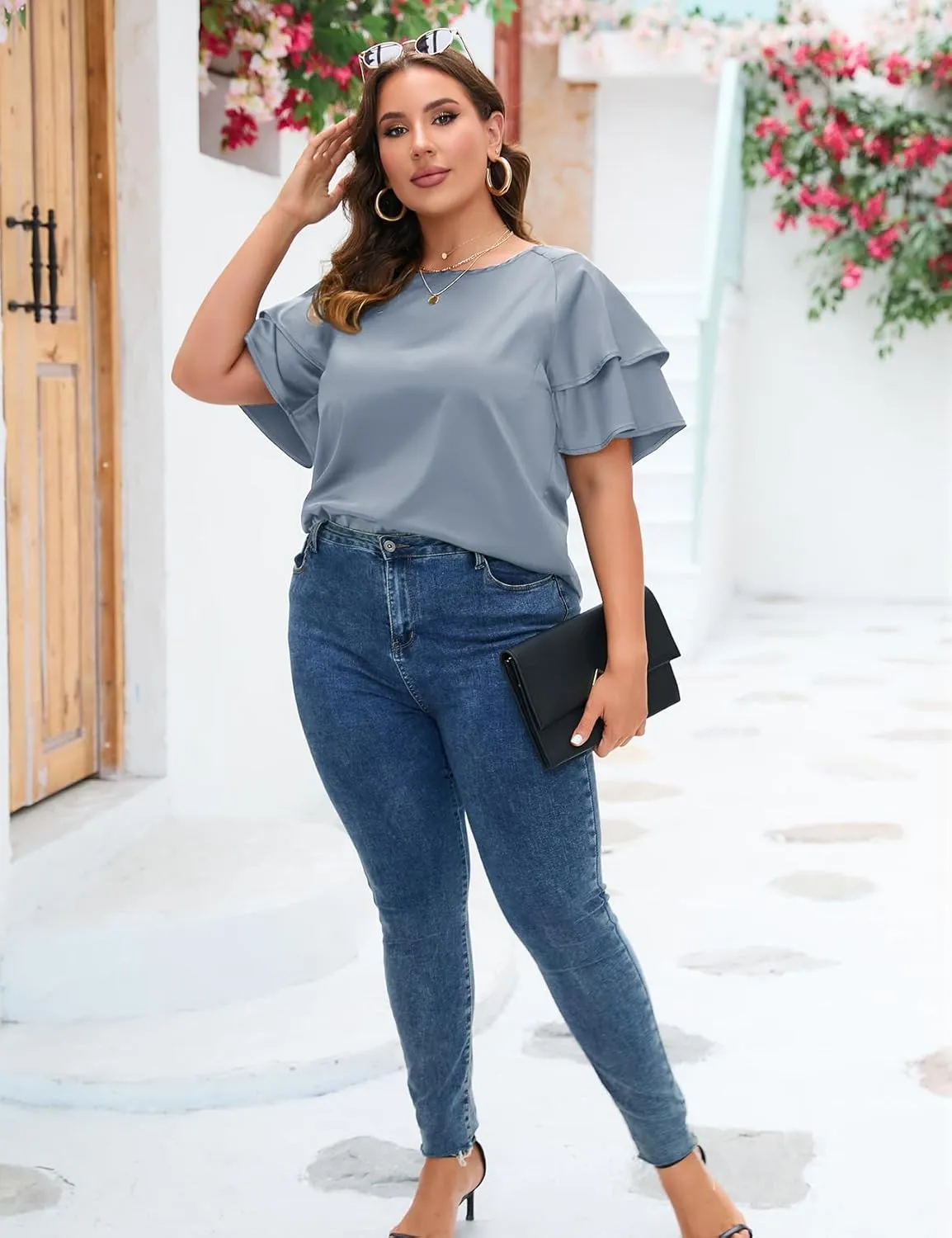 ZOMVA Women's 2024 Plus Size Satin Blouse Short Ruffle Sleeves Silk Top Dressy Shirt Office Elegant