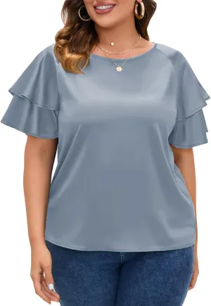 ZOMVA Women's 2024 Plus Size Satin Blouse Short Ruffle Sleeves Silk Top Dressy Shirt Office Elegant