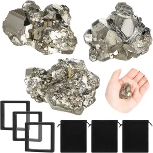 Zonon 9 Pcs Natural Pyrite Cluster High Energy Small Pyrite Crystal Stone with Healing Properties Floating Display Case Velvet Jewelry Pouches for Increased Willpower and Manifestation Exhibition Gift
