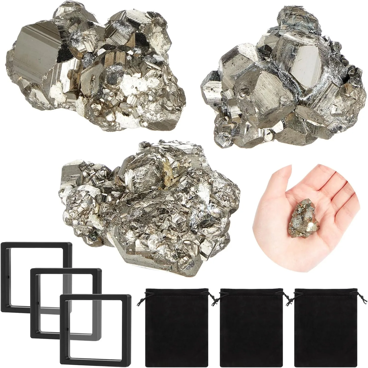 Zonon 9 Pcs Natural Pyrite Cluster High Energy Small Pyrite Crystal Stone with Healing Properties Floating Display Case Velvet Jewelry Pouches for Increased Willpower and Manifestation Exhibition Gift