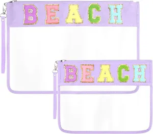 Zubebe 2 Size Clear Zipper Beach Pouch Clear Chenille Letter Beach Bag Oversized Stadium Purse Gifts Preppy Beach Waterproof Snack Makeup Wristlet Cosmetic Bag for Women Travel(Beach)